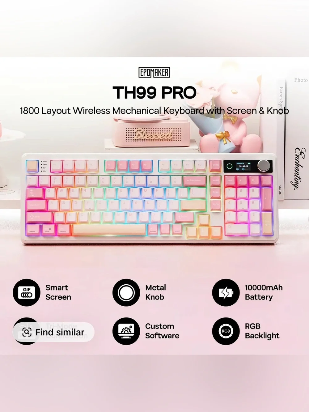 Epomaker TH99 Pro Pink Mechanical Keyboard Sea Salt Silent Switches RGB Knob